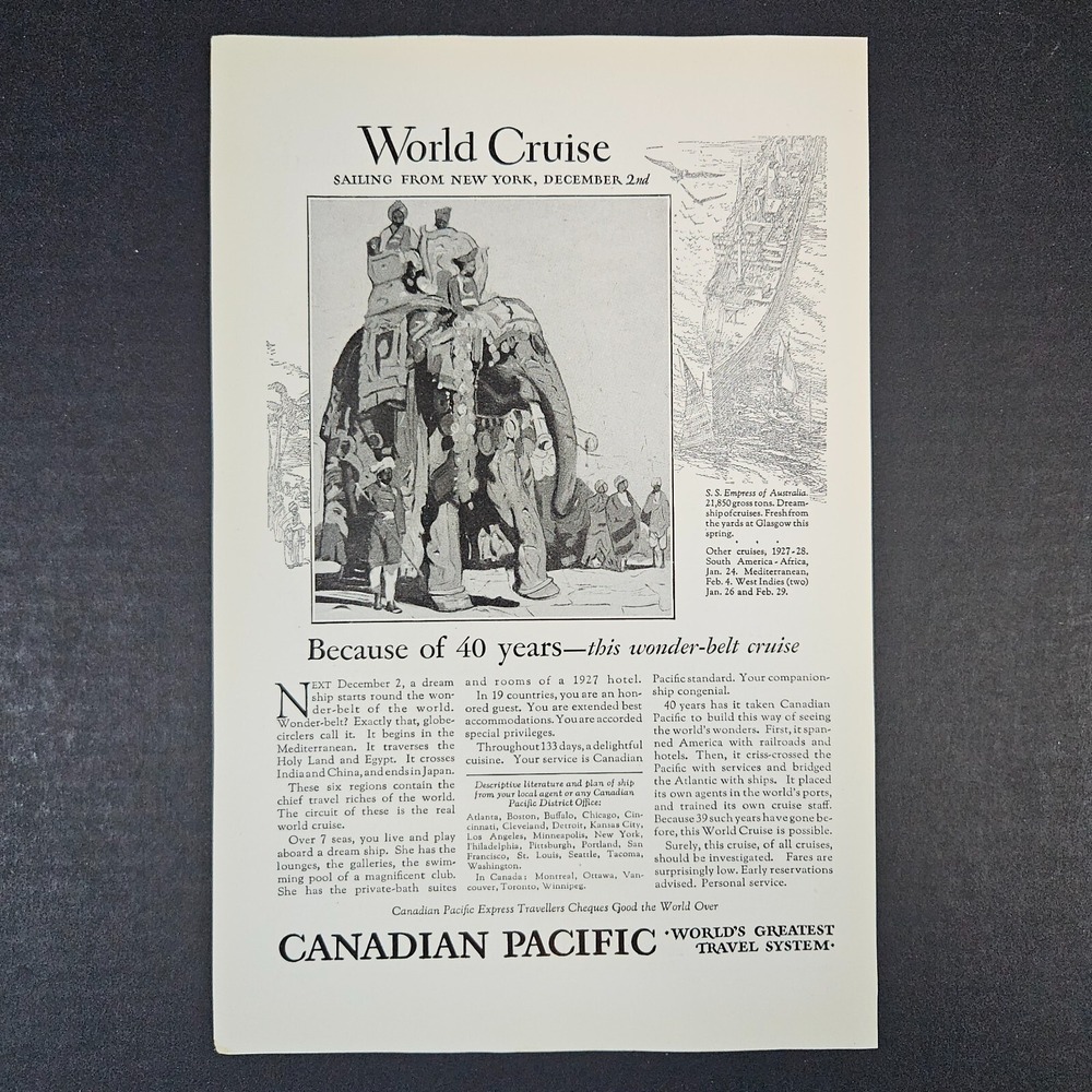 1927 Canadian Pacific World Cruise Ship Line Vintage Print Ad‎ Indian Elephant